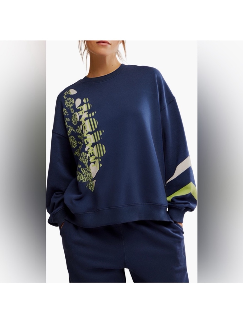 Free People Navy Crewneck Sweatshirt with Lime and Cream Graphic